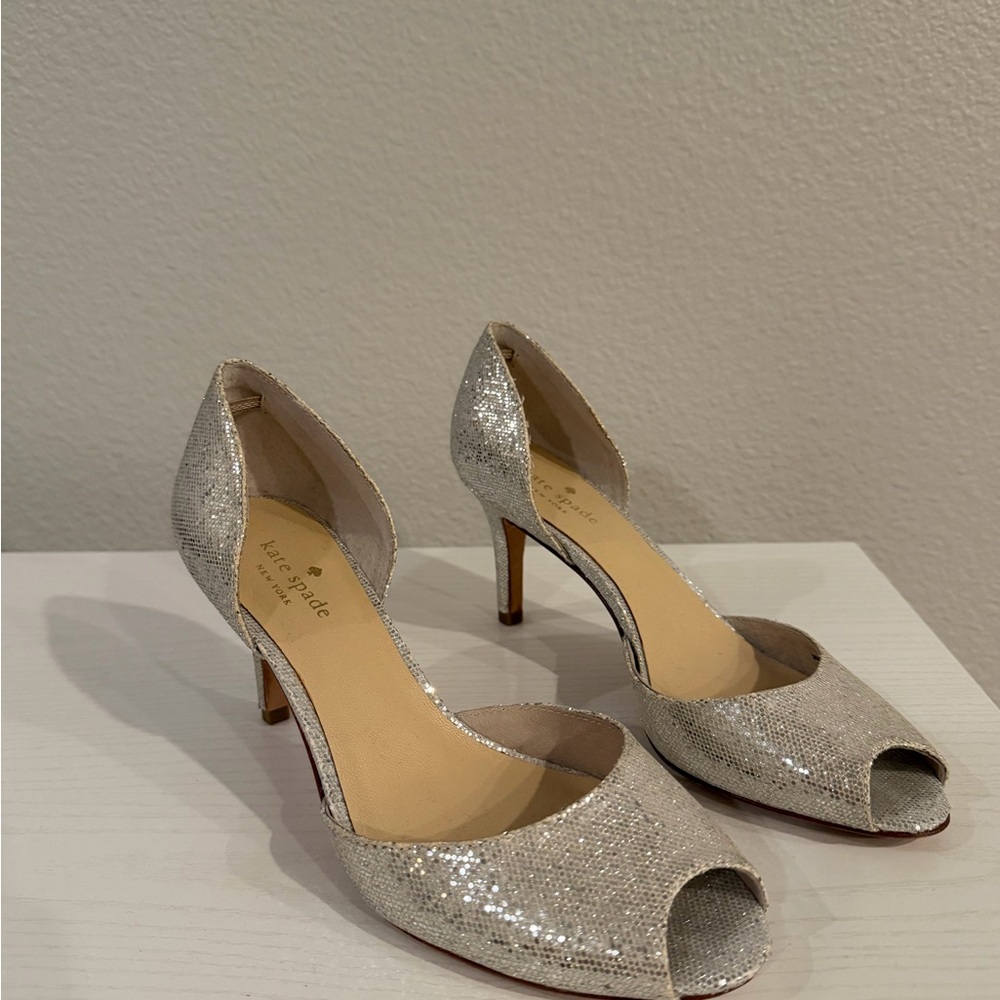 kate spade Silver Glitter Peep-Toe D'Orsay Heels